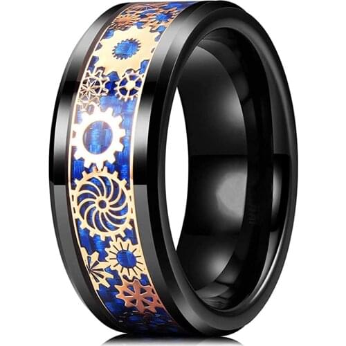 Vintage Mens Steampunk Gold Gear Wheel Stainless Steel Ring Celtic Dragon Inlay Blue Carbon Fiber Ring Gothic Mens Wedding Band