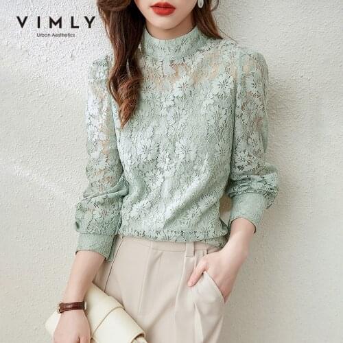 VIMLY Spring Women Lace Blouse Office Lady Elegant Half Turtleneck Hollow Out Pullover Women Vest Shirts Female Tops F6606