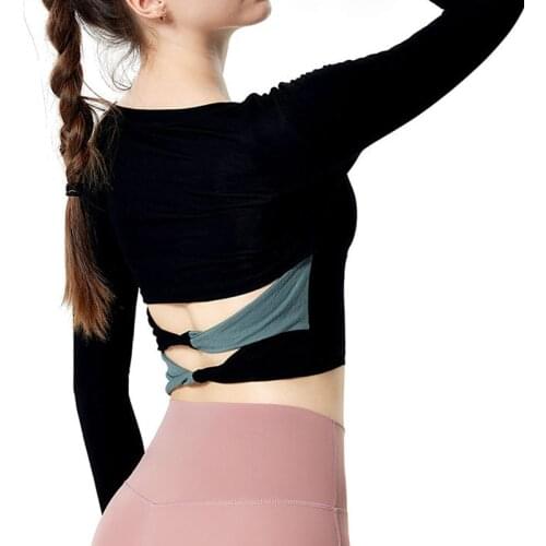 Fitness Women Long Sleeve Shirt Sport Slim Jersey Yoga Crop Top Back Hollow Out Sexy Two-color Stitching Waist Design Sportswear