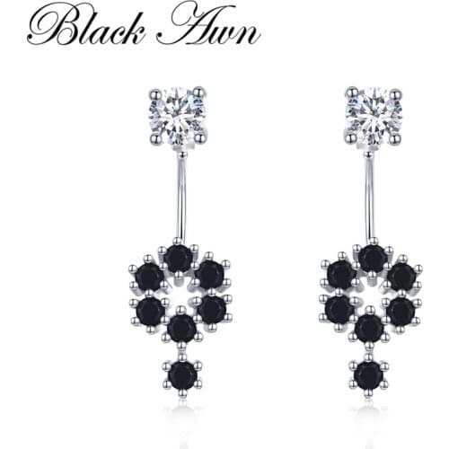 [BLACK AWN] Genuine 925 Sterling Silver Jewelry Black Spinel Stone Cute Flower Engagement Stud Earrings for Women I034