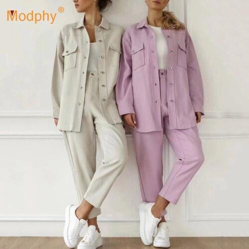 Casual women 2 piece set Fashion Pantsuit Simple Solid Color Loose shirt Long Sleeve top + Trousers Pants Sets Streetwear 2021