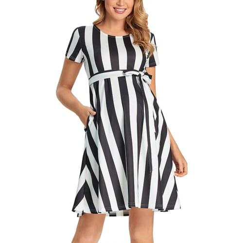 Women Elegant Maternity Dress Summer Short Sleeve Tie Striped Pregnancy Summer Casual Midi Flowy Loose Belt Dress with Pockets