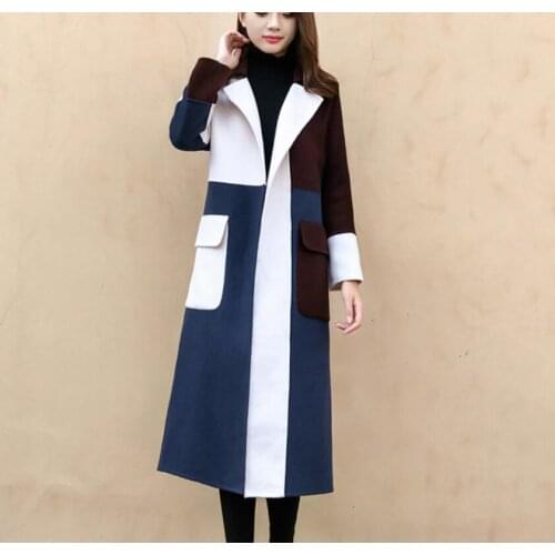 2020 new women long coat large size woolen coat stitching contrast color windproof overcoat Ladies quality office Blends outwear