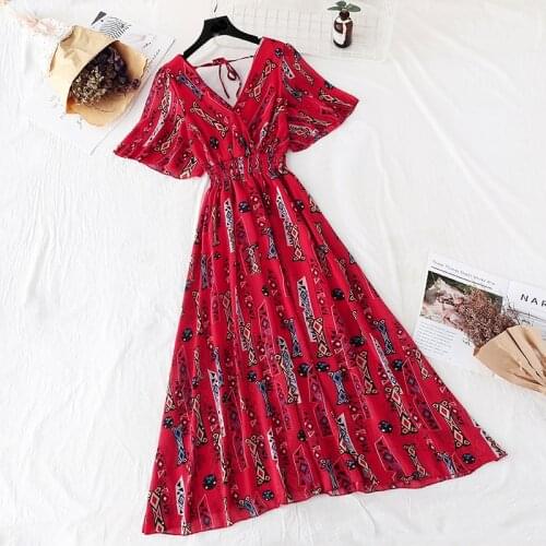 Women Ruffle sleeve Ruffles V-neck Chiffon summer Dress 2020 New Short sleeve Floral print long dress Slim High Waist Vestidos