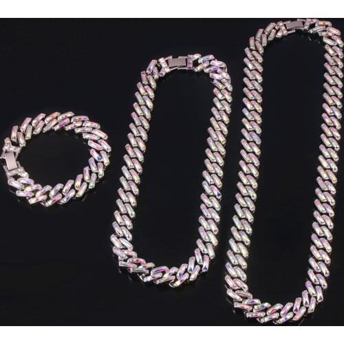 15MM Miami Curb Cuban Chain Men Necklace Set Full Iced Out Rhinestones CZ Clasp Gradient Choker Bling Rapper Hip Hop Jewelry