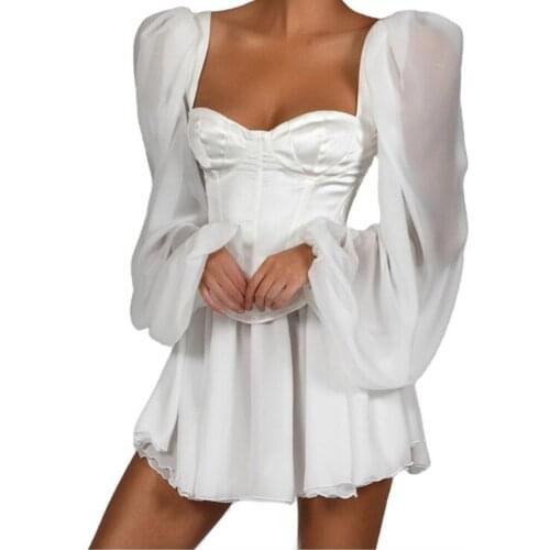 2021 Women Sexy Bodycon Clothes Female Lantern Sleeve Corset Chiffon Dresses White Autumn Beach Vacation Outfit Elegant Party At