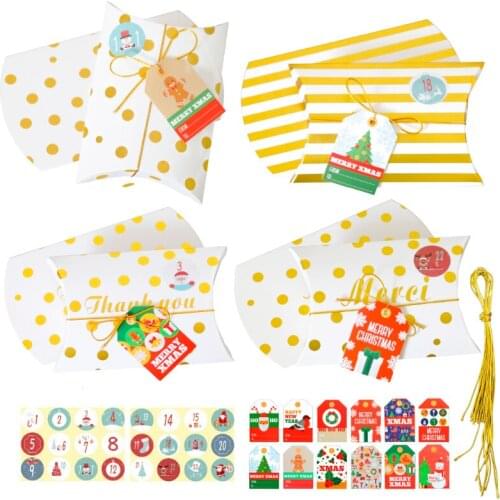 24sets Christmas Candy Box Bronzing Dot Stripe Pillow Shape Gift Box Xmas Party Santa Claus Paper Bag with Number Stickers Rope