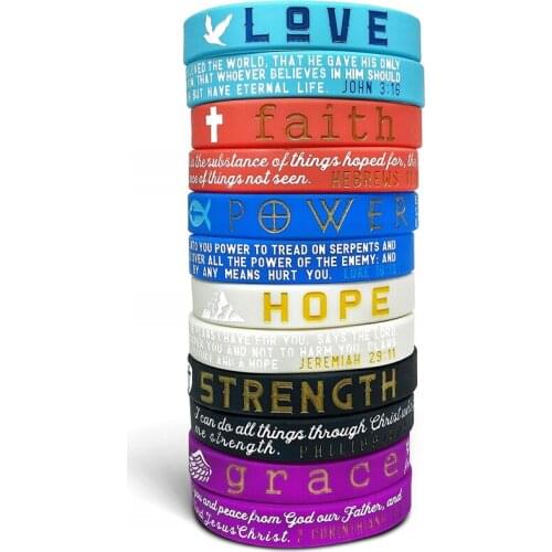 300pcs Religious Inspirational LOVE FAITH POWER HOPE STRENGTH GRACE Silicone Bracelets Rubber Wristbands Free Shipping by DHL