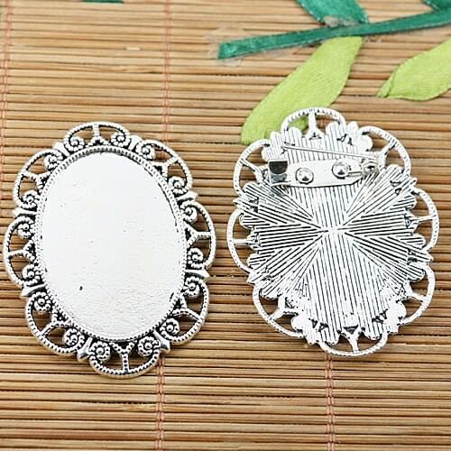 5pcs Tibetan silver floral rim oval cabochon settings with fibula EF2065