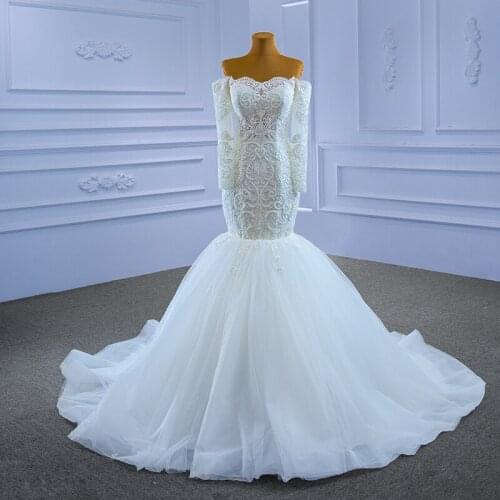 67353 Real Photos Lace Mermaid Wedding Dress Lace Beads Pearls Off-the-shoulder Trumpet Bridal Gown Custom Made Bridal Gown