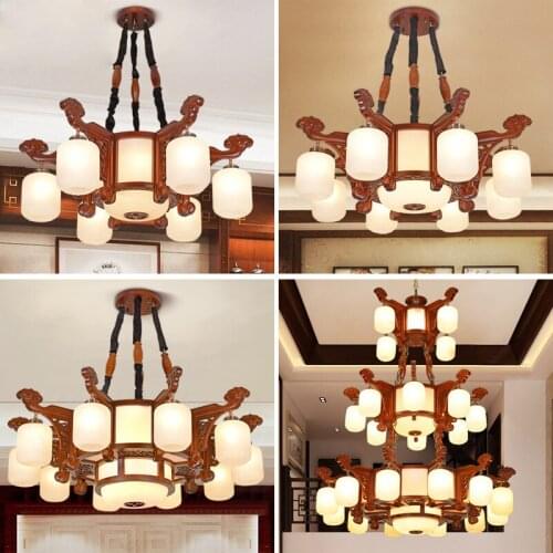 Wooden chandelier Chinese style antique living room lamp villa duplex building three floor headlight bedroom lamps