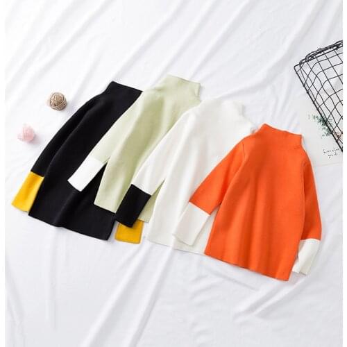 New Spring Autumn Toddlers Kids Knitted Pullovers Sweaters Patchwork Elastic Tops Turtleneck Collar Children Boys Girls Sweater