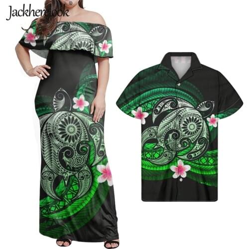 Jackherelook Summer Unisex Hawaii Clothing Green Polynesain Tribal Turtle Style Print Sexy Outfits Off Shoulder Dress Mujer