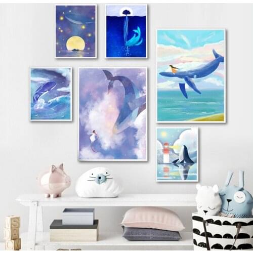 Whale Ocean Moon Star Sky Cloud Girl Wall Art Canvas Painting Nordic Posters And Prints Wall Pictures Kids Room Nursery Decor