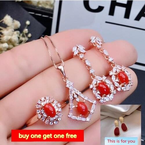 KJJEAXCMY boutique jewelry 925 sterling silver inlaid Natural Red Coral Necklace Ring Earring Set Support Test