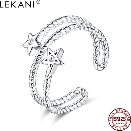 LEKANI Adjustable Finger Ring For Women Inlay Cubic Zirconia Star S925 Sterling Silver Rings Double Twisted Rope Shape Jewelry