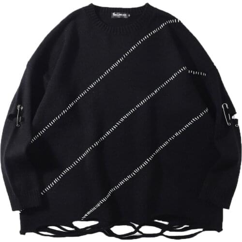Trendy Oversize Men Black White Knit Paperclip Sweater Autumn Winter Ripped Stripes Street Basketball Skateboard Warm Pullover