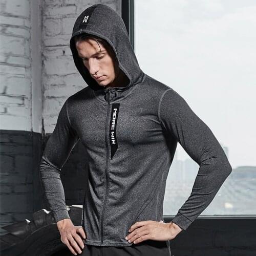 Mens Gym Workout Tops Zipper Hooded Running Jackets Long Sleeved Cycling Fitness Shirts Reflective Bodybuliding Clothing