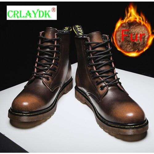 CRLAYDK Vintage Mens Cowboy Boots Leather Western Ankle Male Fashion Motorcycle Shoes Winter Fur Lined Keep Warm Snow Botas