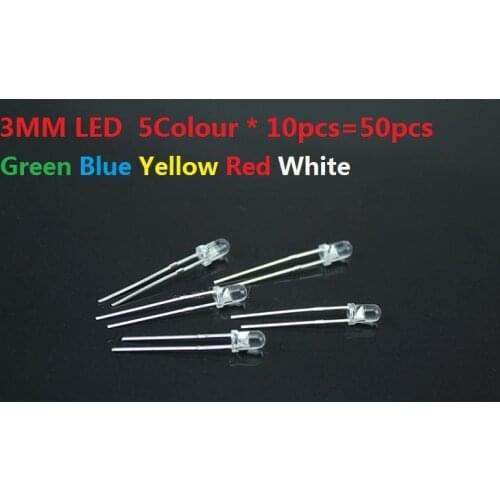 3MM LED Kit set 5Colour * 10pcs=50pcs F3 Transparent Cove Green Blue Yellow Red White Assorted pack DIY Assortment