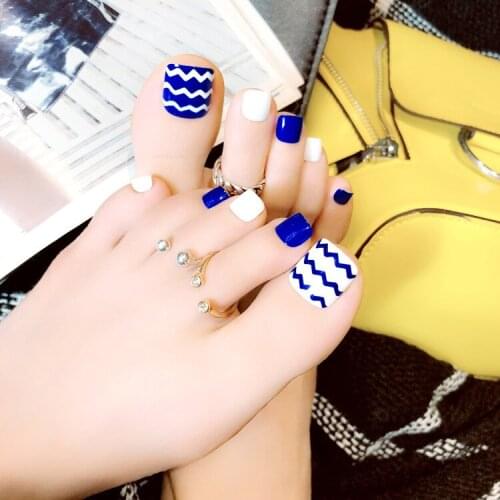 24Pcs/Set Full Cover Acrylic Feet Patch Tool Blue Wave Toe False Nails With Glue White Blue Ocean Toe Fake Nails Patches