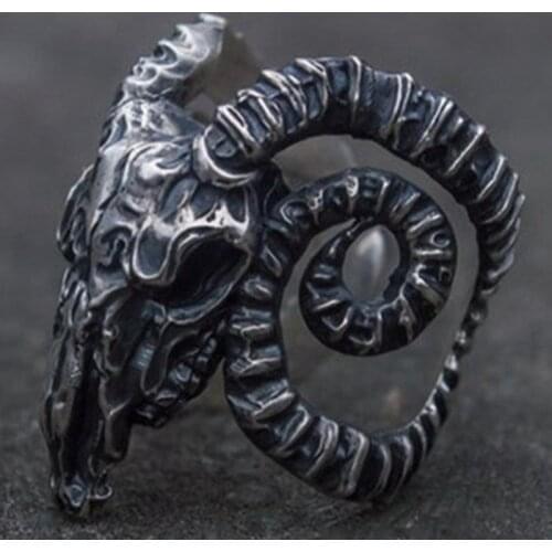 Open Ring Stainless Steel Nose Viking Ancient Dish Sheep Head Skull Ring Vintage Opening Ring Men Jewelry