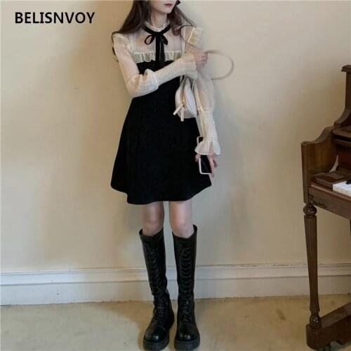 Prom Dresses 2021 Chic Spring Fall Women Clothes Ruffled Collar Patchwork Party Dress Cute Kawaii Sweet Elegant A-line Dress