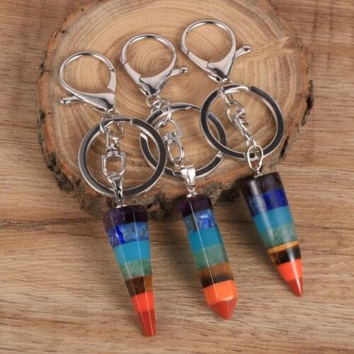 Reiki Healing Colorful Natural Stone Pendant Keychain Men Women 7 Chakra Bullet Column Pendant Car Key Chain Ring Holder