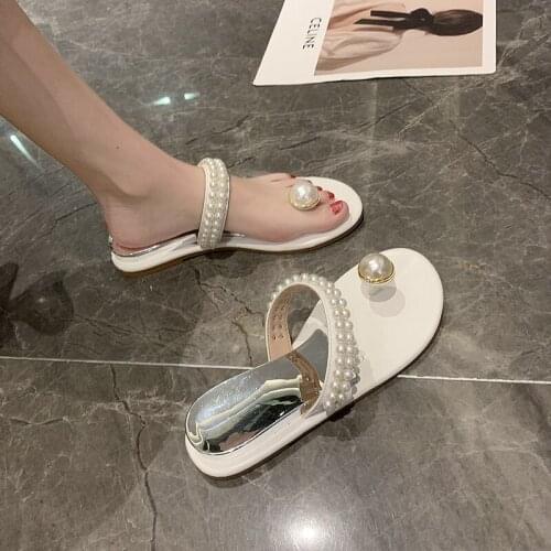 Pearl Sandals Women Summer 2021 New Clip-toe Word with Slope Heel Beach Shoes Flat-soled Sandals Women Wear