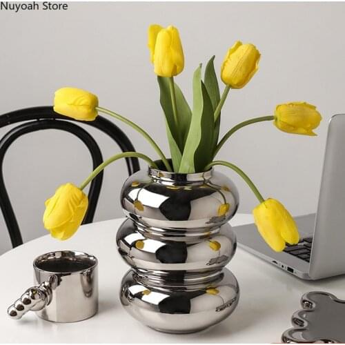 Light Luxury Ceramic Silver-plated Vase Art Geometric Simulation Flower Arrangement Living Room Home Decoration Accessories