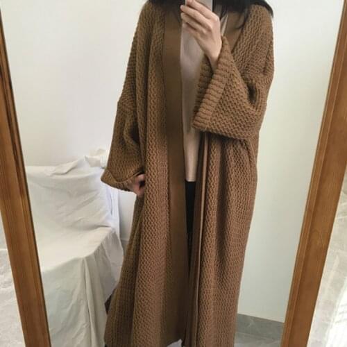 Women Winter Camel Color Oversized Long Sweater Coat Thicken Wool Knitted Cardigan Jacket Outerwear Big Sleeve