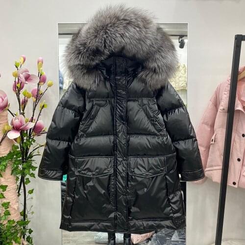 2021 Winter Women Duck Down Jacket Real Luxury Fox Fur Hooded Long Shiny Female Parkas 90% Womens White Duck Down Jacket