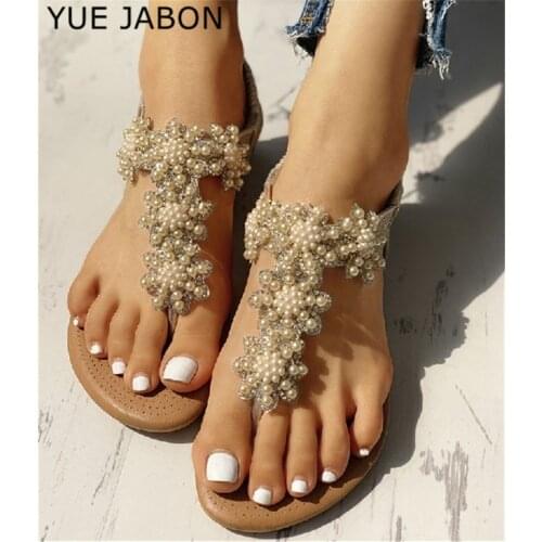 2020 New Pearl Flip Flops Flats Shoes Summer Women New Elastic Band Sandals Ladies Bohemian Beach Sandals Concise Casual Sandals