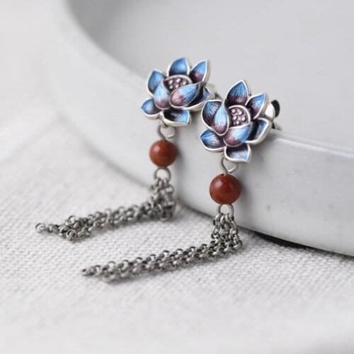 FNJ Enameling Lotus Earrings 925 Silver 100% Pure Original S925 Silver Sterling Drop Earring for Women Jewelry Red Agate Tassel