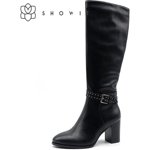 Ladies Knee High Boots Autumn 2019 Fashion Sexy Black Rivet Long Strap Boots Women High and hoof Heel Footwear with loop elastic