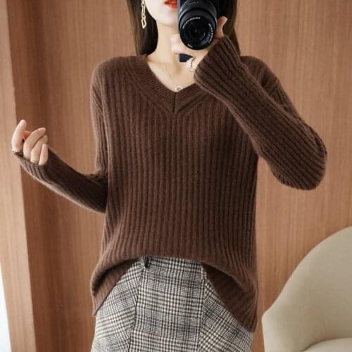 2021 fall/winter new womens pullover casual XXL 100% wool sweater loose Korean version V-neck cashmere sweater womens thick