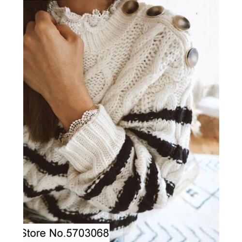 Elfstyle Female Wool Twist Knitting Buttoned Shoulder Sweater Pullover Top