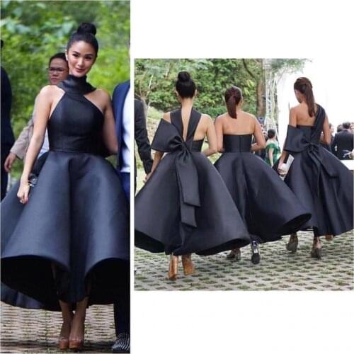 2020 New Arrival Sexy Ball Gown Ruffles Cocktail Dresses High Neck Sleeveless Big Bow Prom Evening Gowns Party Dress Tea Length