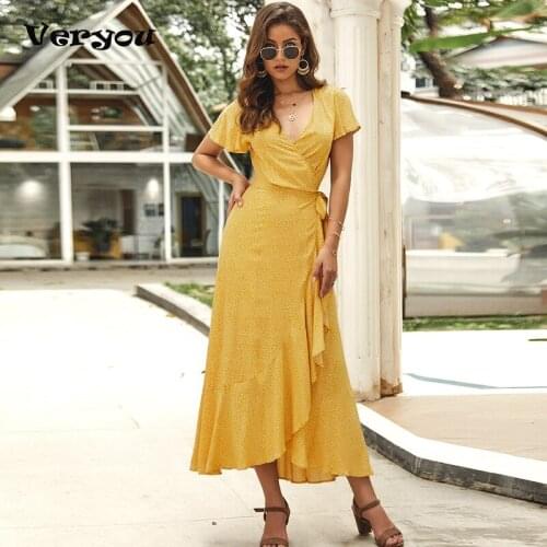 2021 Women Dresses Autumn Floral Printing Long Dresses V-Neck Short Sleeve Ruffle Bohemia Female Leisure Dresses Woman Dress