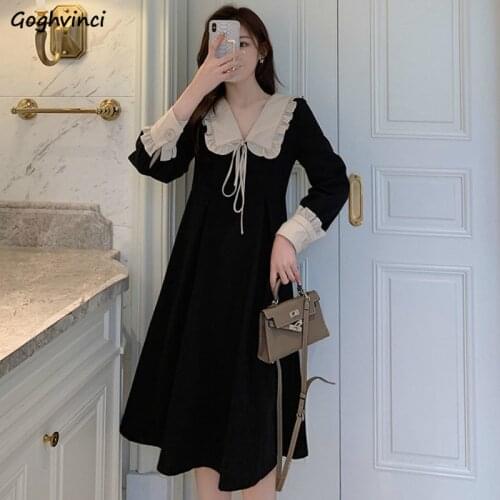 Dress Women High Waist Retro Elegant Patchwork Long Sleeve Peter Pan Collar Design French Style Temperament Stylish Lady Leisure