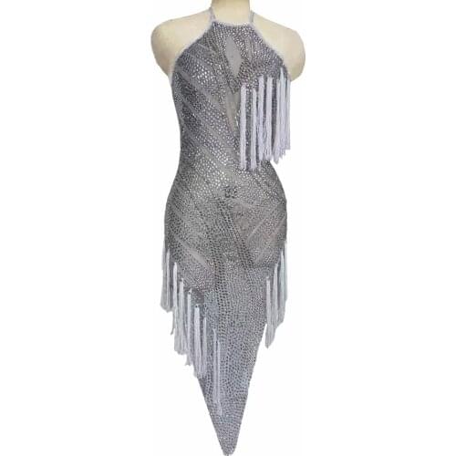 Sexy See Through Tassel Rhinestone Dress Women Halter Perspective Latin Dance Fringes Dress Slim Celebration Party Dress Costume