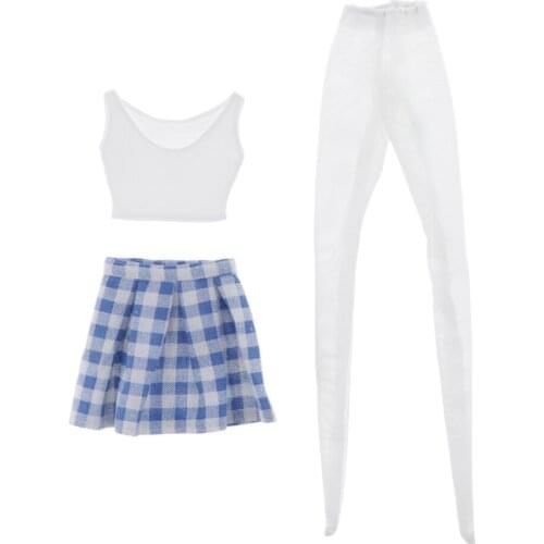 1/4 Blue Plaid Skirt + Vest + Stocking Suit For DOD 43cm Dress Up