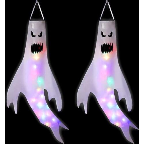 2 Pieces Halloween Ghost Windsocks Hanging Decorations with LED Light Flashing Toys Halloween Outdoor Party Decorations