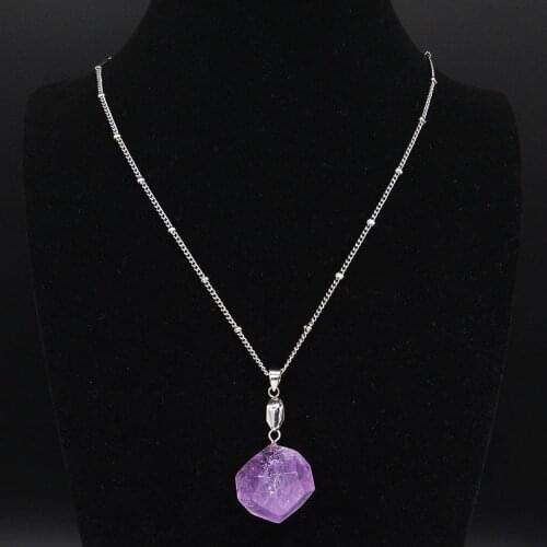 2021 Geometric Natural Crystal Stainless Steel Chain Necklace for Women Purple Necklaces Pendants Jewelry collar mujer NG46S04