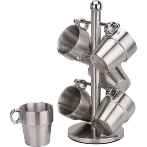 6 pieces Double Wall Stainless Steel Mugs Cup Set with Rack Drinking Beer Coffee Tea