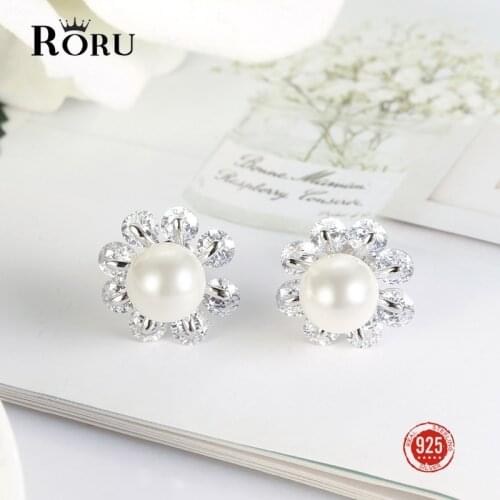 925 Sterling Silver Fashion Flower White Natural Big Pearls Silver Stud Earrings Zirconia Womens Earrings In Fine Jewelry