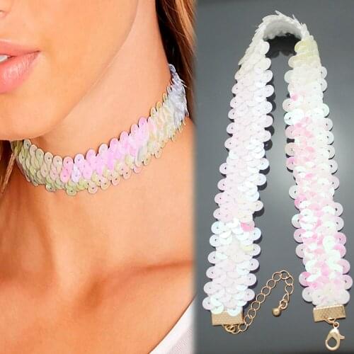 Blogger Girls Party Shiny Hologram Sequin Tie Choker Tattoo Torques Collar Bib Wrap Necklace