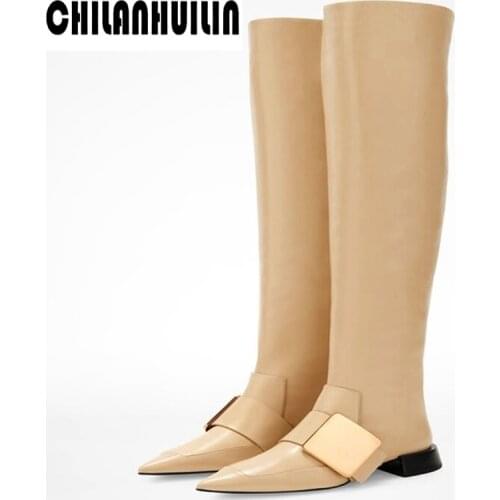 Brand over the knee high boots women buckle mid heel sexy pointed toe thigh high boots leather winter warm short plush snow boot