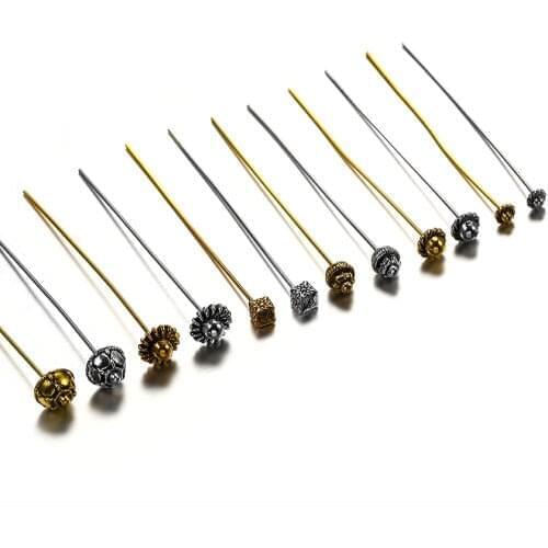 20Pcs 50mm Retro Gold Flower Head Pins Beads Ball Pins Needles Headpin Connector for DIY Jewelry Making Findings Accessories