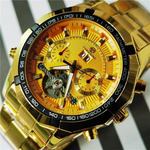 Forsining 2020 New Golden Mechanical Automatic Watch Tourbillon Skeleton Self Wind Calendar Steel Strap Mans Clock Montre Homme